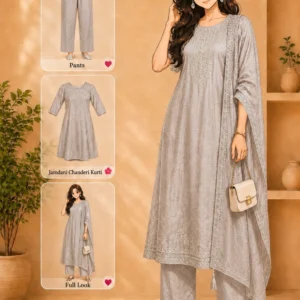 Grey vichitra silk A-line calf length festive kurta set by TVASMI with pants, dupatta and floral embroidery.