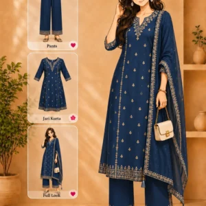 Blue cotton A-line calf length party wear kurta set with pants, dupatta, floral print and show button.