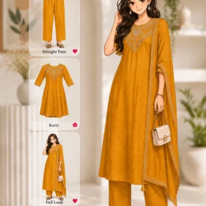 Yellow vichitra silk A-line party wear kurta set with bottomwear, dupatta and embroidered detailing.