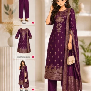 Purple art silk A-line calf length party wear kurta set by BROYAAR SHOP with pants, dupatta and floral embroidery.