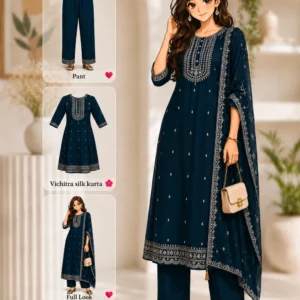 Blue vichitra silk A-line calf length party wear kurta set pack of 3 with sequin embellishment and pants.