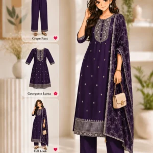 Purple georgette A-line calf length party wear kurta set with crepe pants, dupatta and embroidery.