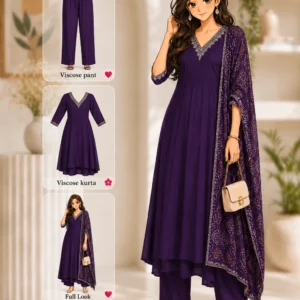 Purple viscose flared calf length party wear kurta set with pants, chanderi cotton dupatta and V-neck.