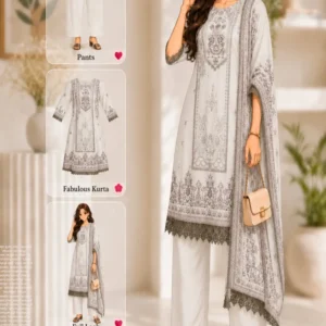 Cream silk blend A-line calf length daily wear kurta set by Kachiba pack of 3 with lace border detailing.