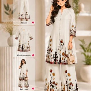Cream khadi cotton printed top with cotton palazzos, casual co-ord set with mandarin collar and three-quarter sleeves.
