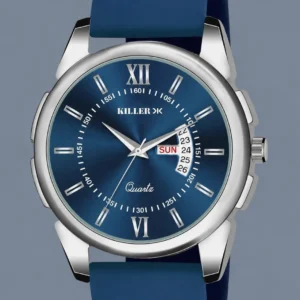 Blue round dial analog quartz watch by KILLER with day and date function, shock resistant for casual wear.