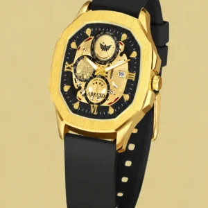 Premium gold-rose gold square dial watch by ABREXO with 3D embossed design, black silicone strap and working date display.