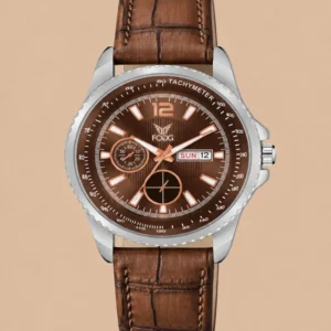 Brown analog quartz watch by FOGG with day and date display, suitable for casual, formal and party wear.