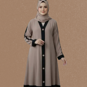 Women’s Front-Open Taupe & Black Contrast Abaya Dress