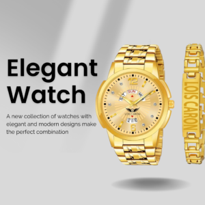 LOIS CARON Gold Plated Analog Day & Date Men’s Watch with Bracelet | Premium Golden Dial Analog Watch  - For Men LCS-9164