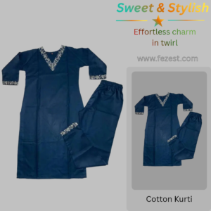 Embroidered V-Neck Cotton Kurti with Matching Pant Set – Teal Colour
