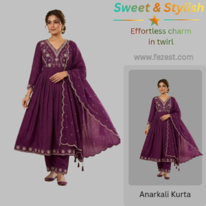 Women Anarkali Kurta Set -Women's Ready to Wear Purple Vichitra Silk