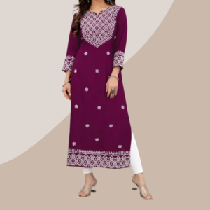 Women Embroidered Cotton Rayon Straight Kurta (Purple))