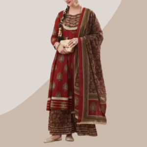 Women’s Ethnic Cotton Printed Lace Border Anarkali Kurta Palazzo Set with Dupatta