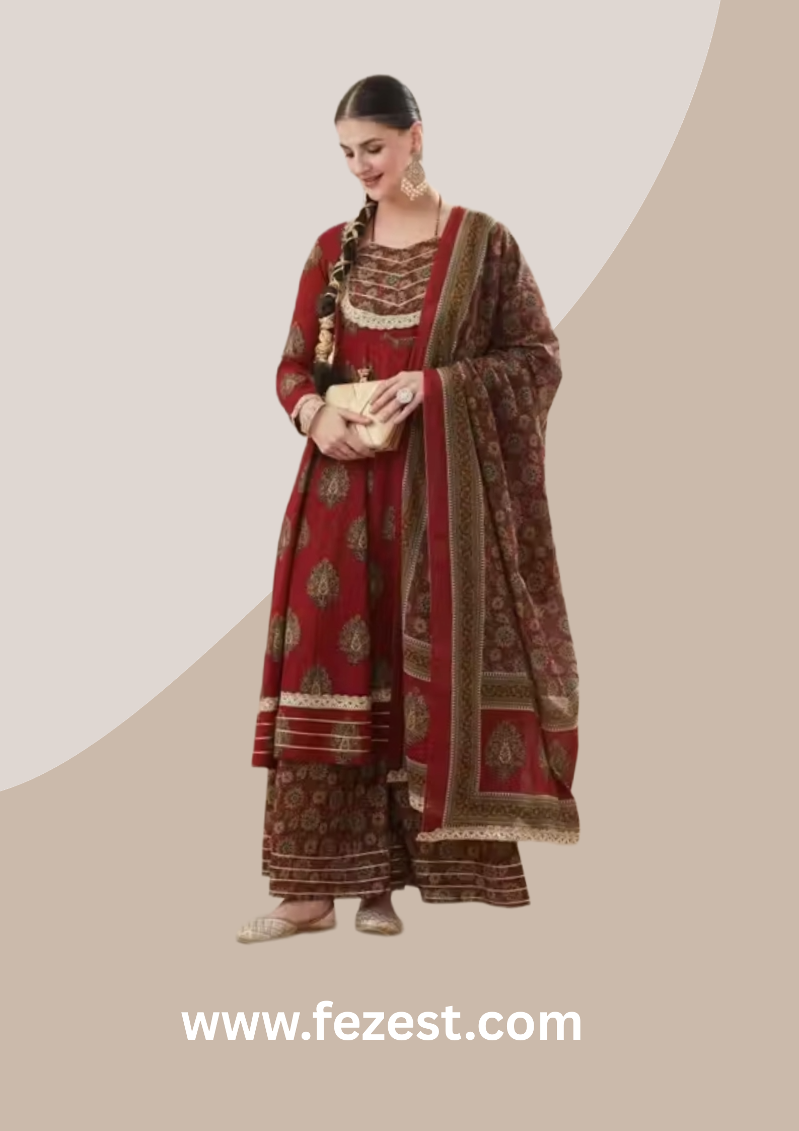 Women’s Ethnic Cotton Printed Lace Border Anarkali Kurta Palazzo Set with Dupatta