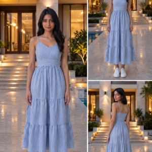 Striped Cotton Maxi Dress with Side Pockets