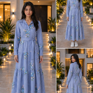 Blue & White Striped Floral Printed Shirt Collar Maxi Dress with Waist Belt