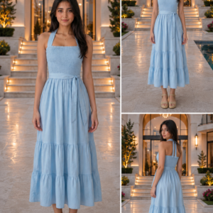 Women Blue Sleeveless Cotton Maxi Fit Flare Summer Wear