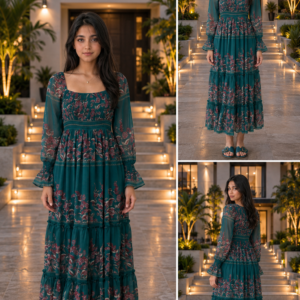 Printed Smocked Tier Dress With Sleeves