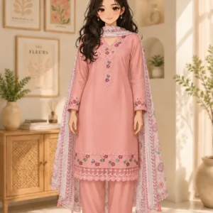 Peach silk blend A-line calf length daily wear kurta set with pants, dupatta and floral embroidery.