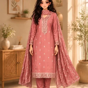 Peach vichitra silk A-line calf length party wear kurta set with pants, dupatta and floral embroidery.