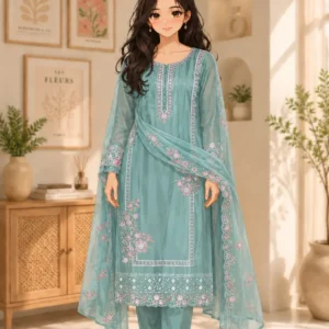 Aqua blue chanderi silk flared calf length party wear kurta set by CANIBANI with pants, dupatta and floral embroidery.