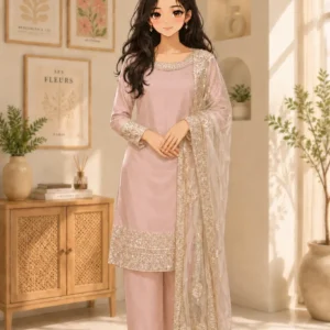 Beige silk blend straight calf length party wear kurta set with pants, net dupatta and embroidery.