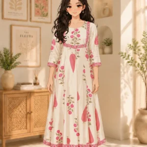 Cream cotton flared calf length daily wear kurta set by BERRYLICIOUS with pink pants, dupatta and floral embroidery.